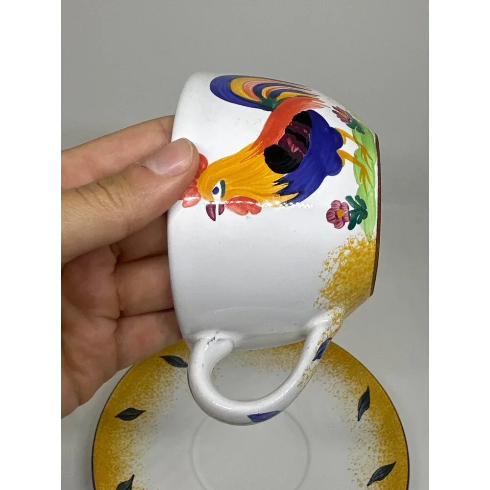 VTG‎ Herend Village Pottery Hungary Hand-Painted Rooster Coffee Cup & Saucer Set